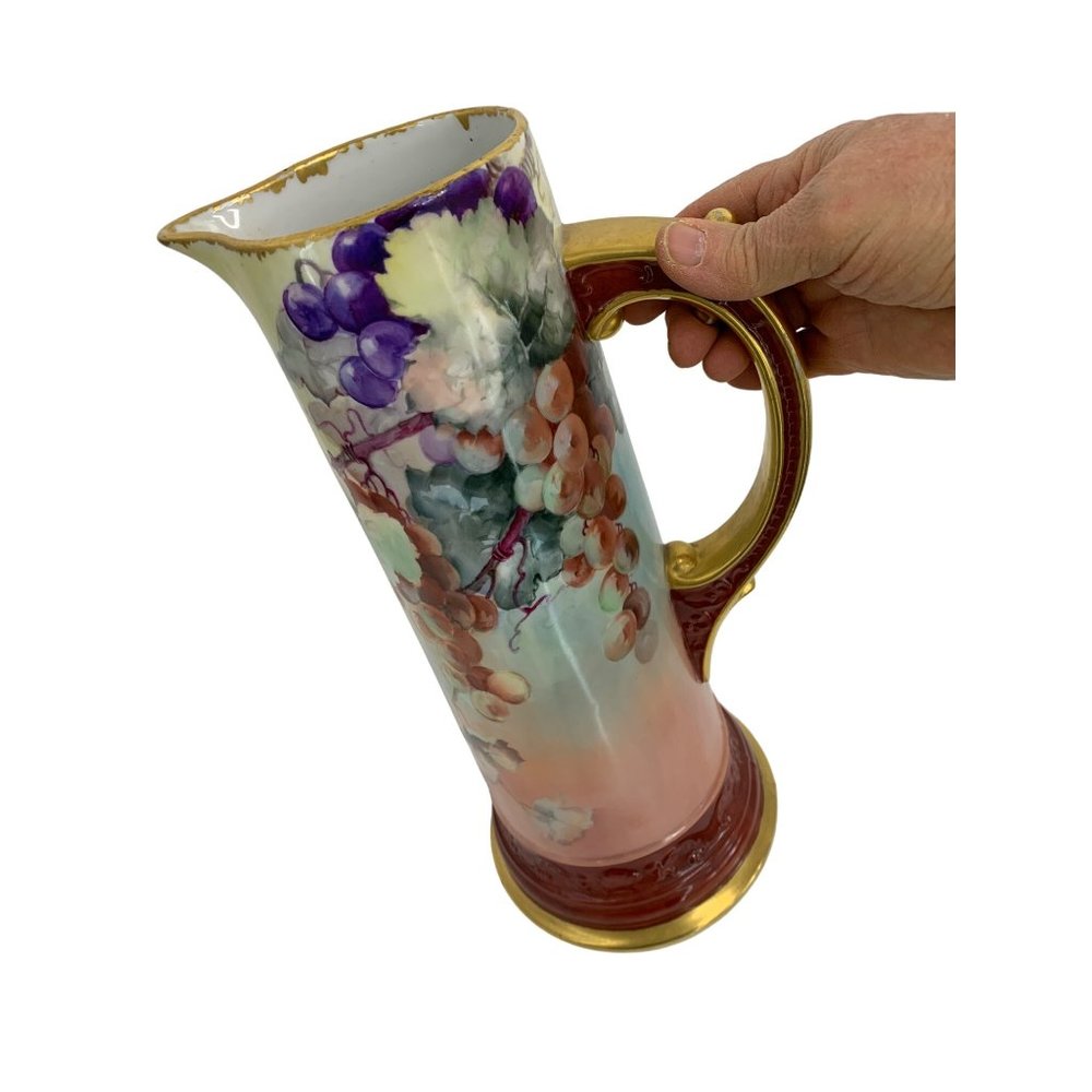 Limoges WG Tankard Pitcher Vase Hand Paint Grapes France 15" Gold Pink 6564
